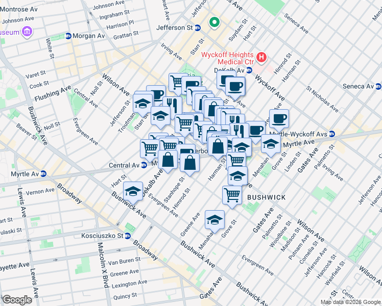 map of restaurants, bars, coffee shops, grocery stores, and more near 132A Stanhope Street in Brooklyn