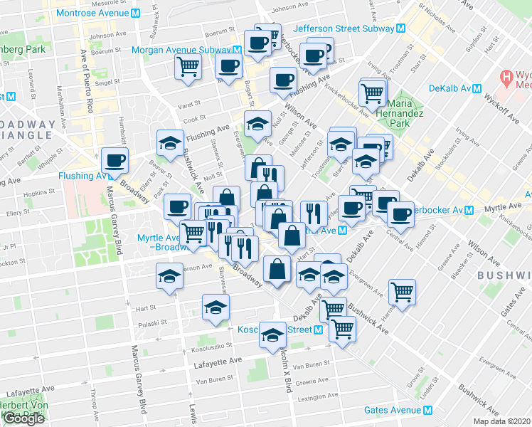 map of restaurants, bars, coffee shops, grocery stores, and more near 42 1/2 Troutman Street in Brooklyn