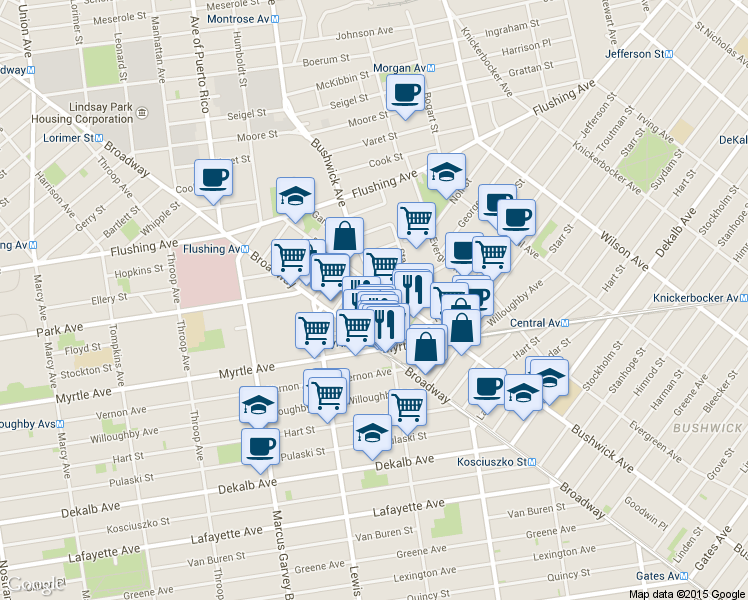 map of restaurants, bars, coffee shops, grocery stores, and more near 34 Melrose Street in Brooklyn