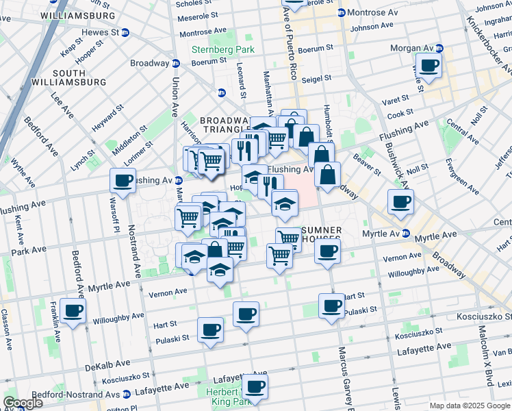 map of restaurants, bars, coffee shops, grocery stores, and more near 760 Park Avenue in Brooklyn