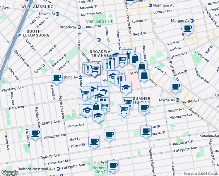 map of restaurants, bars, coffee shops, grocery stores, and more near 760 Park Avenue in Brooklyn