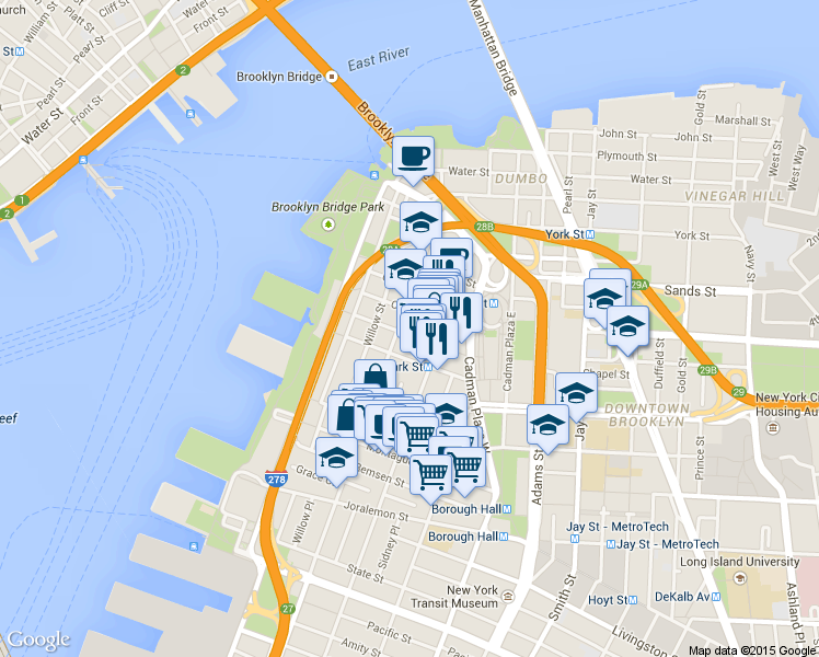 map of restaurants, bars, coffee shops, grocery stores, and more near 80 Clark Street in Brooklyn