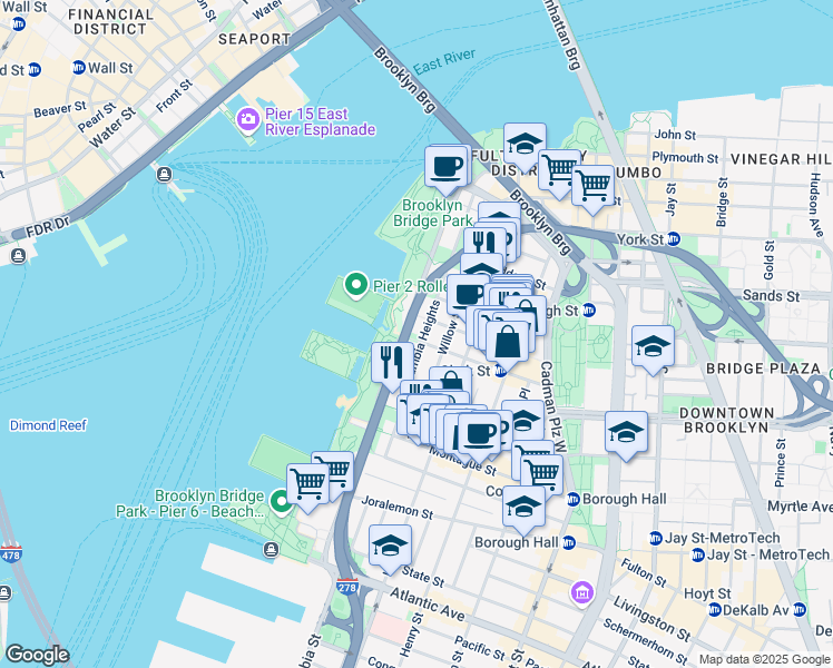 map of restaurants, bars, coffee shops, grocery stores, and more near 147 Columbia Heights in Brooklyn