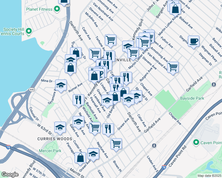 map of restaurants, bars, coffee shops, grocery stores, and more near 199 Linden Avenue in Jersey City