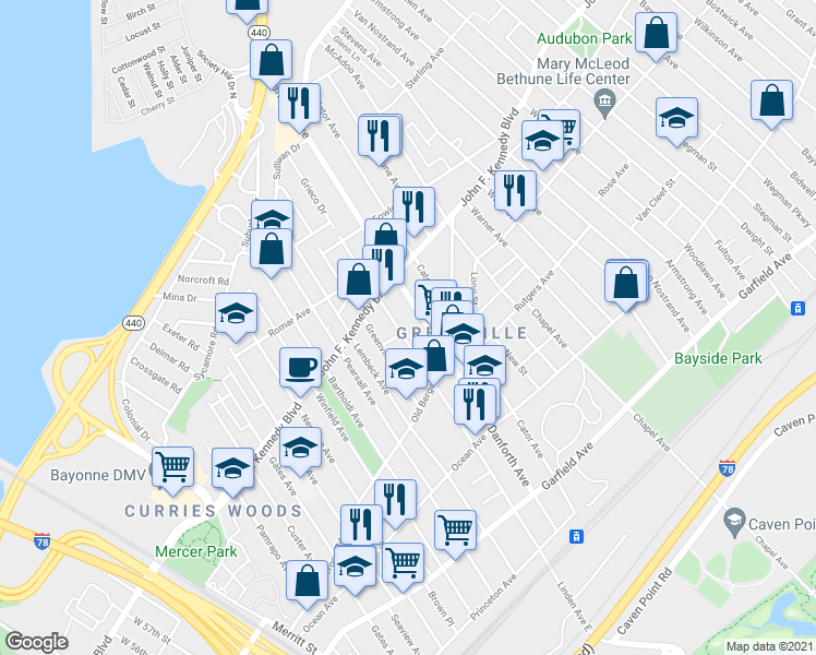 map of restaurants, bars, coffee shops, grocery stores, and more near 199 Linden Avenue in Jersey City