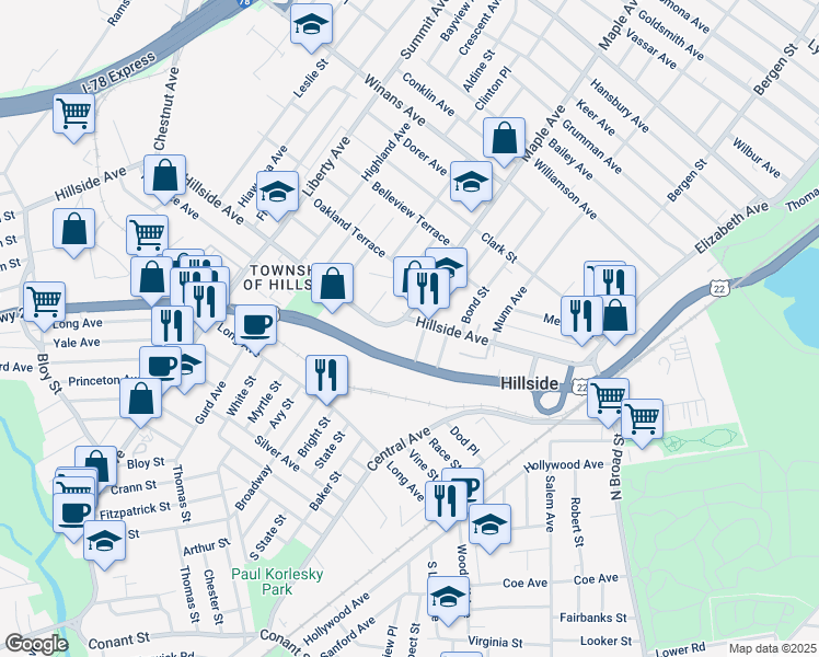 map of restaurants, bars, coffee shops, grocery stores, and more near 169 U.S. 22 in Hillside