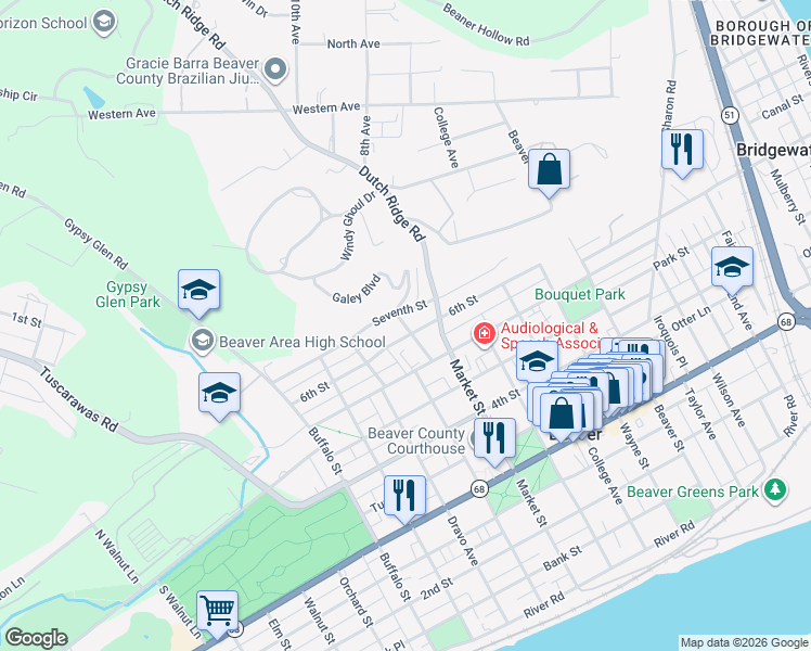 map of restaurants, bars, coffee shops, grocery stores, and more near 525 Galey Boulevard in Beaver