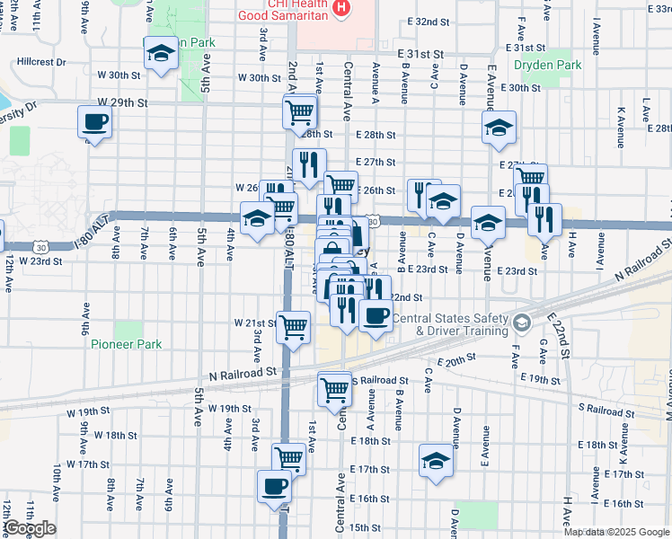 map of restaurants, bars, coffee shops, grocery stores, and more near 1-99 W 22nd St in Kearney