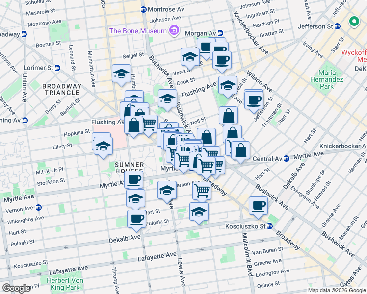map of restaurants, bars, coffee shops, grocery stores, and more near 27 Arion Place in Brooklyn