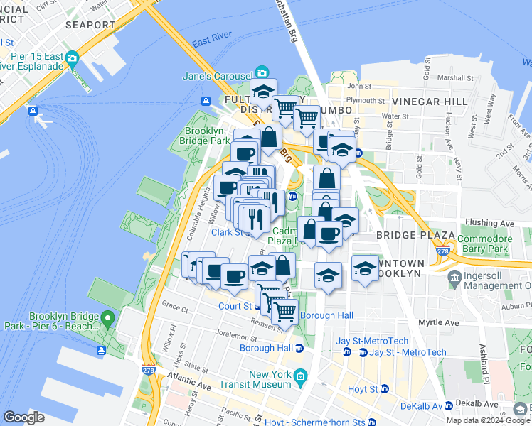 map of restaurants, bars, coffee shops, grocery stores, and more near 75 Henry Street in Brooklyn