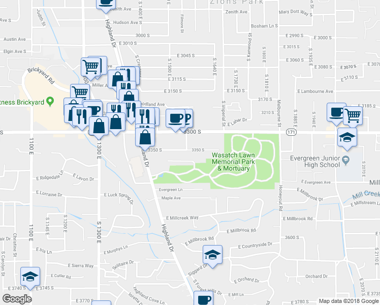 map of restaurants, bars, coffee shops, grocery stores, and more near 1582 East 3350 South in Salt Lake City