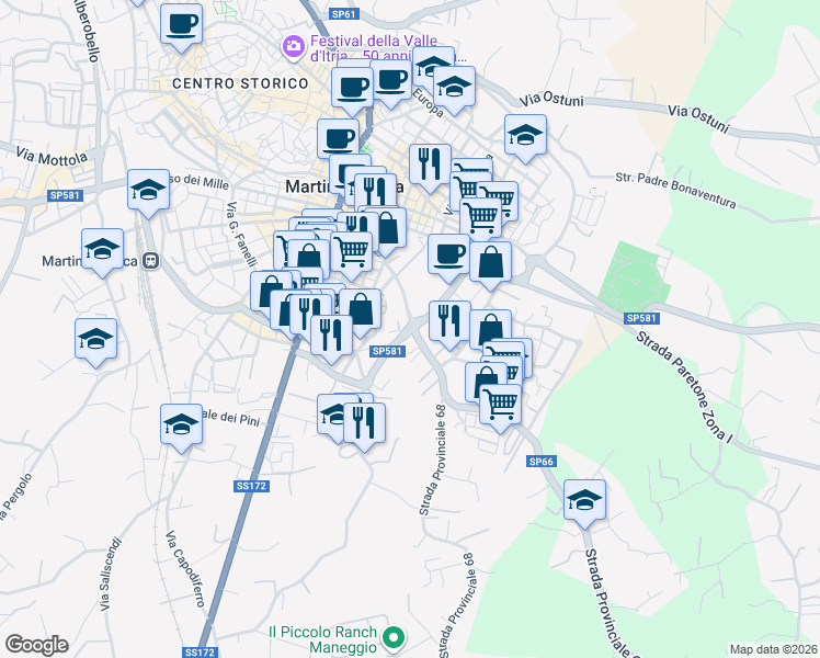 map of restaurants, bars, coffee shops, grocery stores, and more near SS581 in Martina Franca