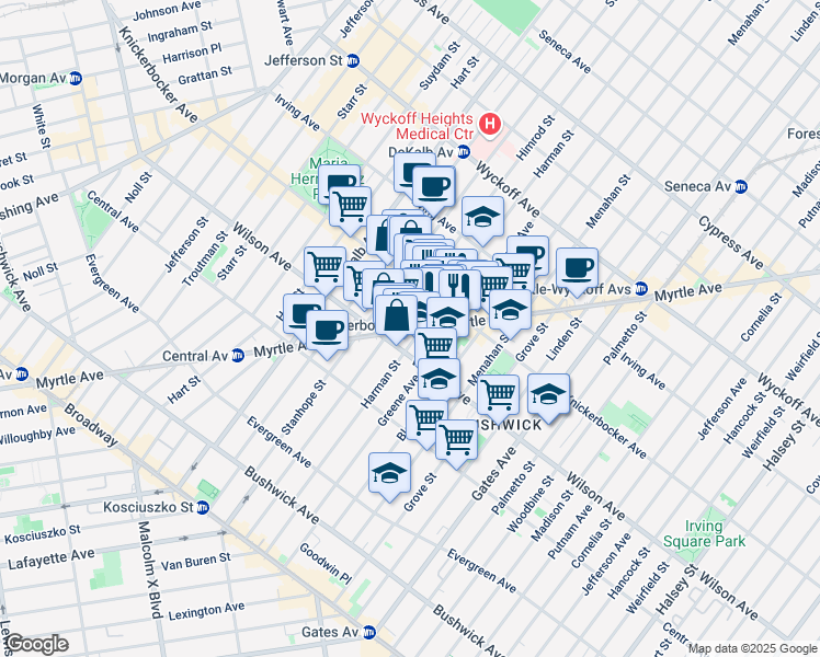 map of restaurants, bars, coffee shops, grocery stores, and more near 1285 Greene Avenue in Brooklyn