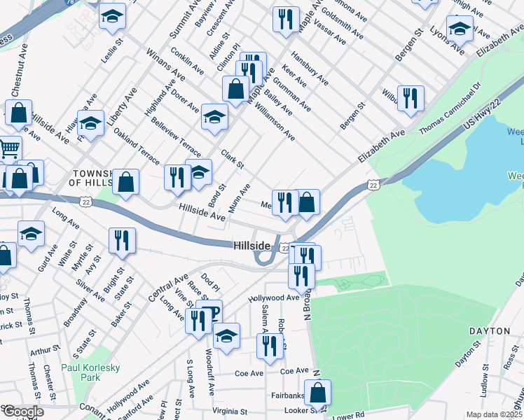 map of restaurants, bars, coffee shops, grocery stores, and more near 41 Hillside Avenue in Hillside