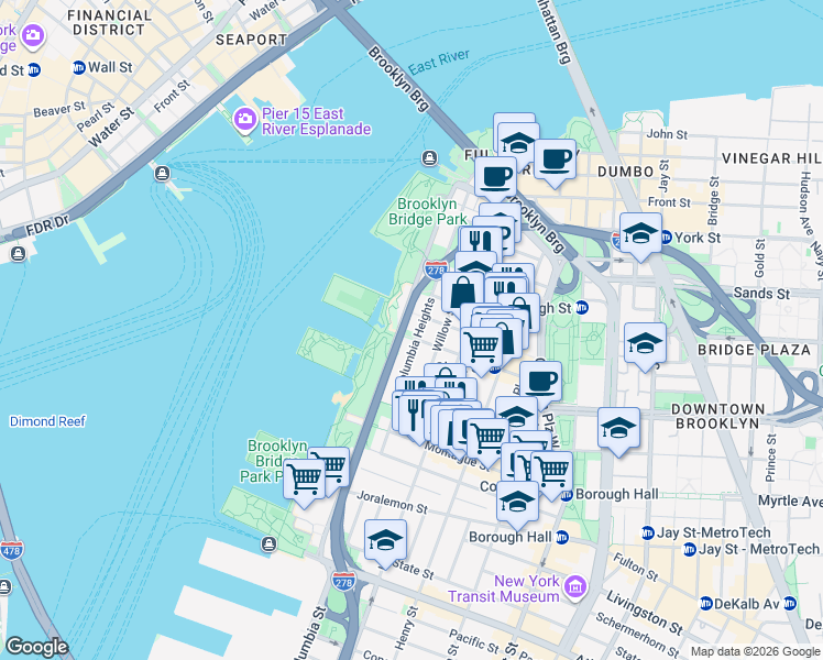 map of restaurants, bars, coffee shops, grocery stores, and more near 150 Columbia Heights in Brooklyn