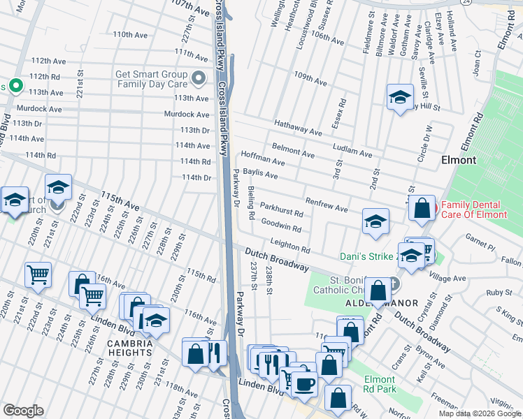 map of restaurants, bars, coffee shops, grocery stores, and more near 2279 Goodwin Road in Elmont