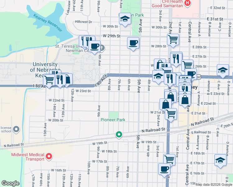 map of restaurants, bars, coffee shops, grocery stores, and more near 705 West 22nd Street in Kearney