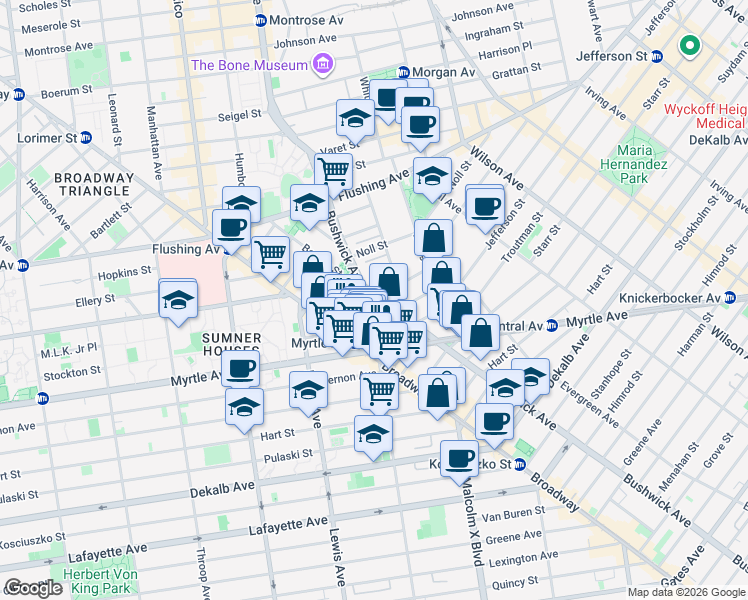 map of restaurants, bars, coffee shops, grocery stores, and more near 34 Melrose Street in Brooklyn
