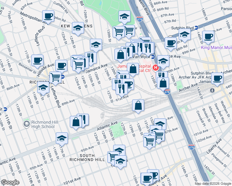 map of restaurants, bars, coffee shops, grocery stores, and more near 129-10 91st Avenue in Queens