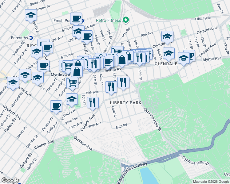 map of restaurants, bars, coffee shops, grocery stores, and more near 64-16 Cooper Avenue in Queens