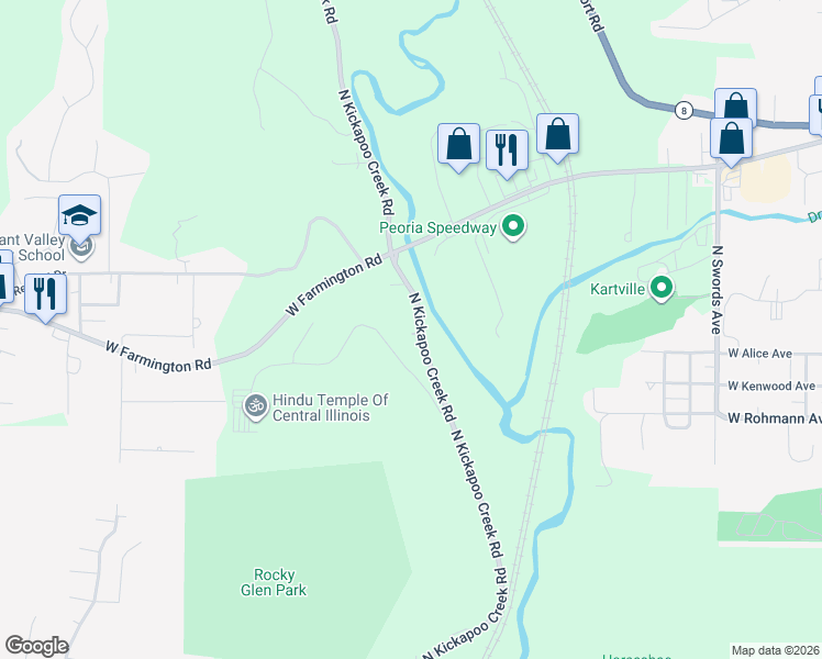 map of restaurants, bars, coffee shops, grocery stores, and more near 173-447 North Kickapoo Creek Road in Peoria