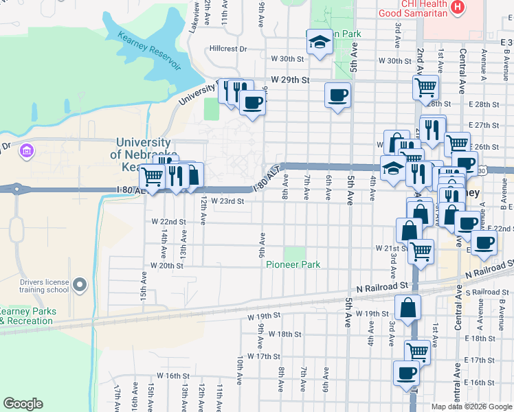 map of restaurants, bars, coffee shops, grocery stores, and more near 903 West 22nd Street in Kearney