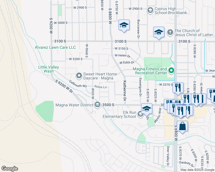 map of restaurants, bars, coffee shops, grocery stores, and more near 8832 Robie Lane in Magna