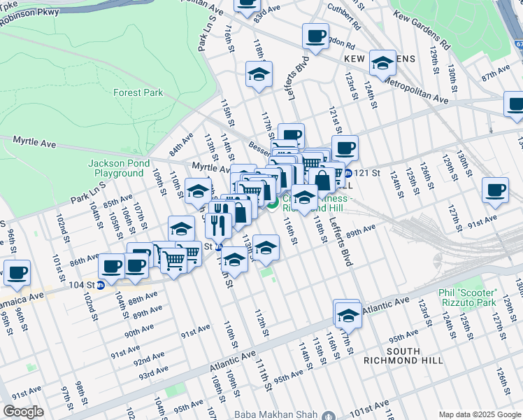 map of restaurants, bars, coffee shops, grocery stores, and more near 8711 114th Street in Queens