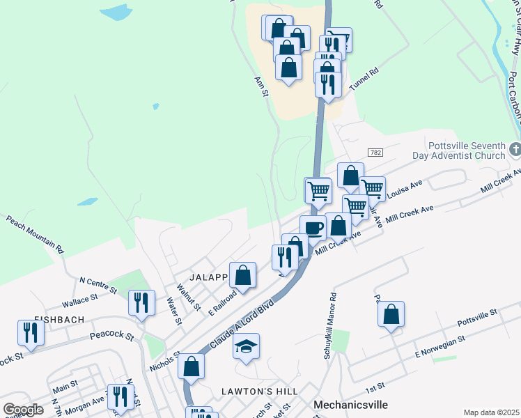map of restaurants, bars, coffee shops, grocery stores, and more near 43 Atlantic Street in Pottsville