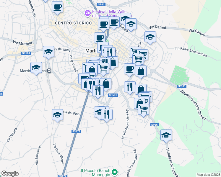 map of restaurants, bars, coffee shops, grocery stores, and more near SS581 in Martina Franca