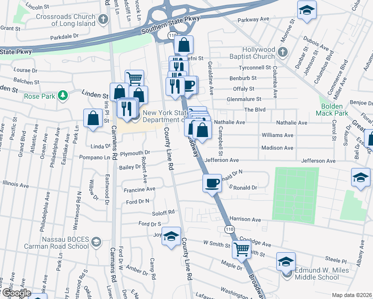map of restaurants, bars, coffee shops, grocery stores, and more near 70051 Broadway in Amityville
