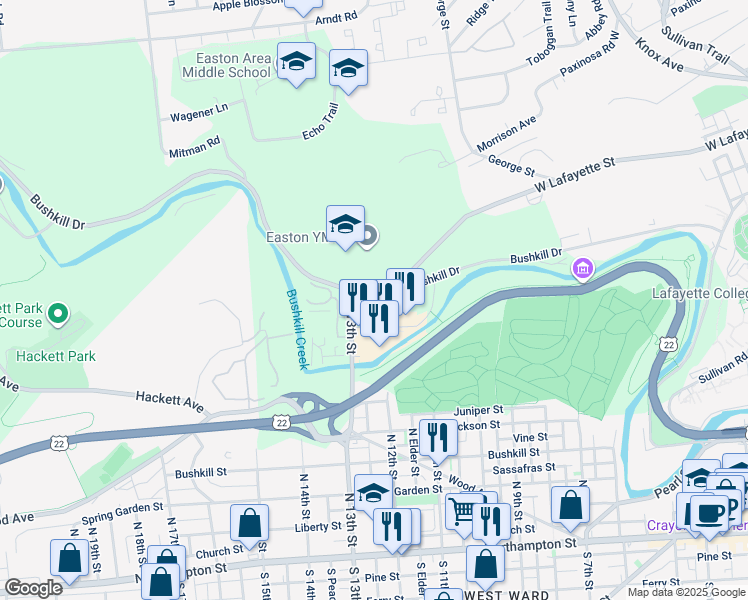 map of restaurants, bars, coffee shops, grocery stores, and more near 1275 Bushkill Drive in Easton