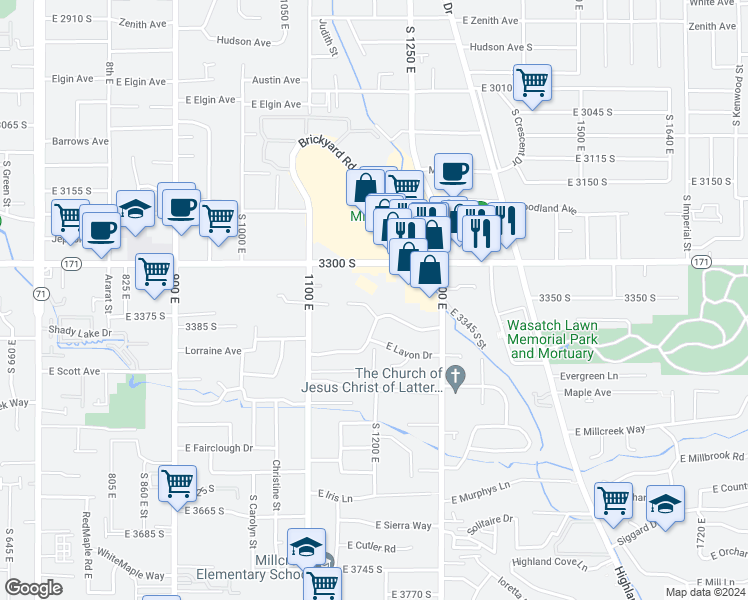 map of restaurants, bars, coffee shops, grocery stores, and more near 1187 East Ridgedale Circle in Salt Lake City