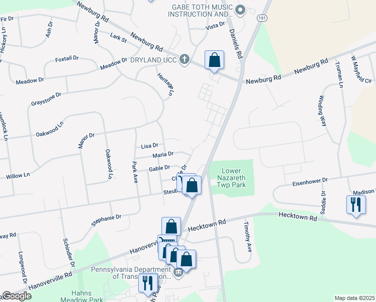 map of restaurants, bars, coffee shops, grocery stores, and more near 4422 Maria Drive in Bethlehem