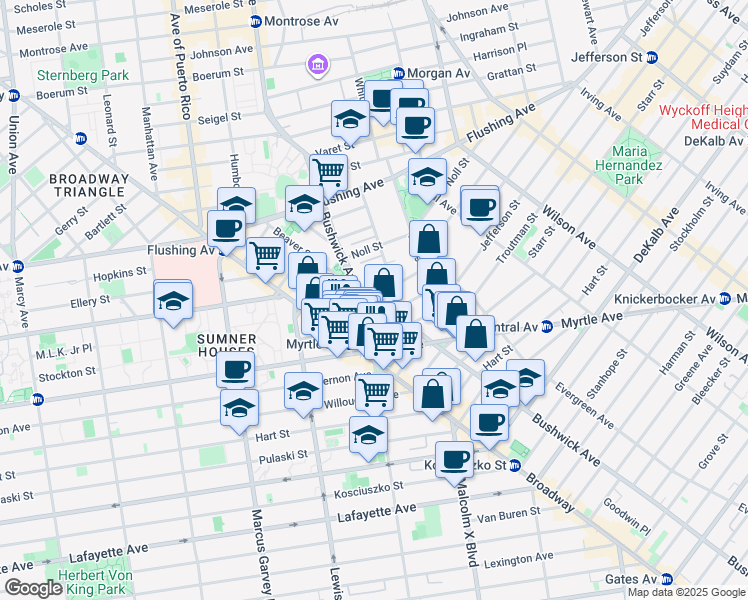 map of restaurants, bars, coffee shops, grocery stores, and more near Bushwick Avenue & Melrose Street in Brooklyn