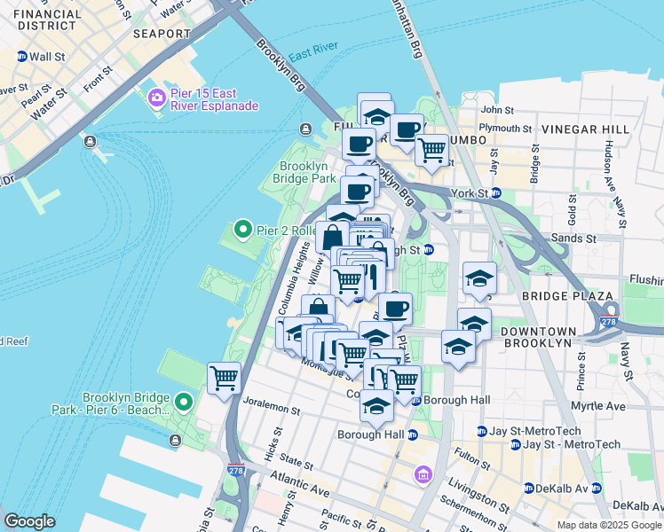 map of restaurants, bars, coffee shops, grocery stores, and more near 25 Clark Street in Brooklyn
