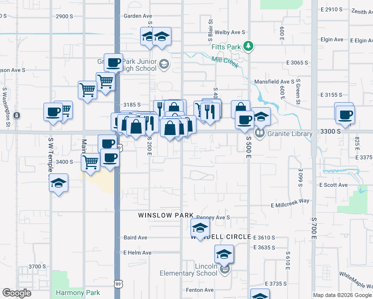 map of restaurants, bars, coffee shops, grocery stores, and more near 375 3360 South in South Salt Lake