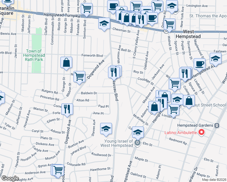 map of restaurants, bars, coffee shops, grocery stores, and more near 300 Nassau Boulevard in West Hempstead