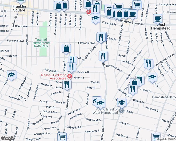 map of restaurants, bars, coffee shops, grocery stores, and more near 296 Paul Place in West Hempstead