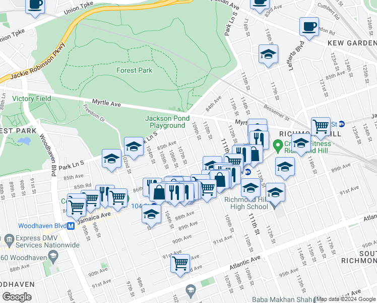 map of restaurants, bars, coffee shops, grocery stores, and more near 85-48 107th Street in Queens