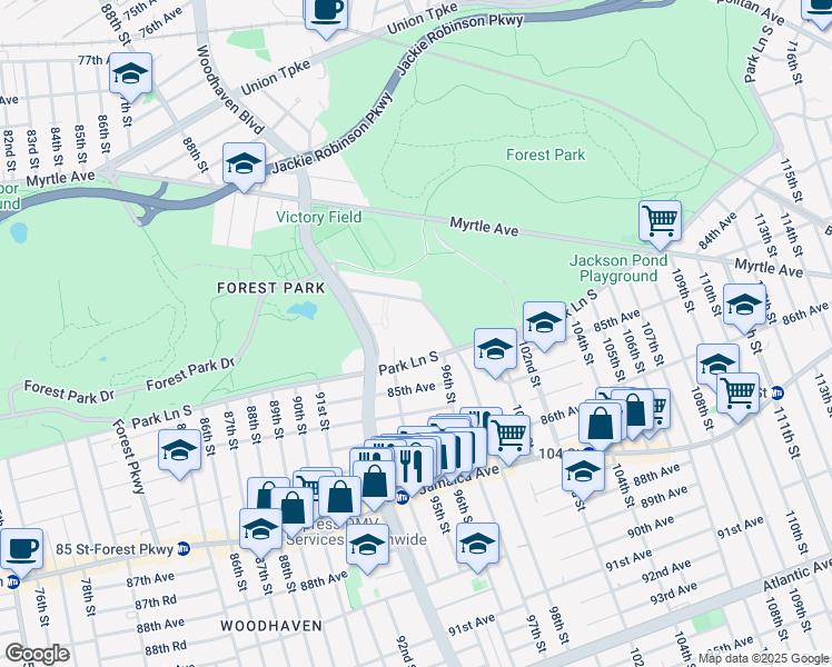 map of restaurants, bars, coffee shops, grocery stores, and more near 94-27 Park Lane South in Queens