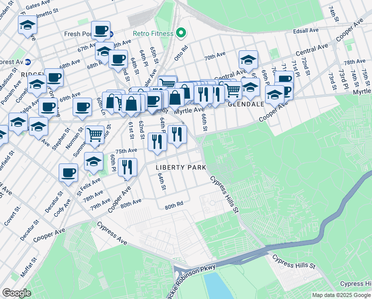 map of restaurants, bars, coffee shops, grocery stores, and more near in Queens