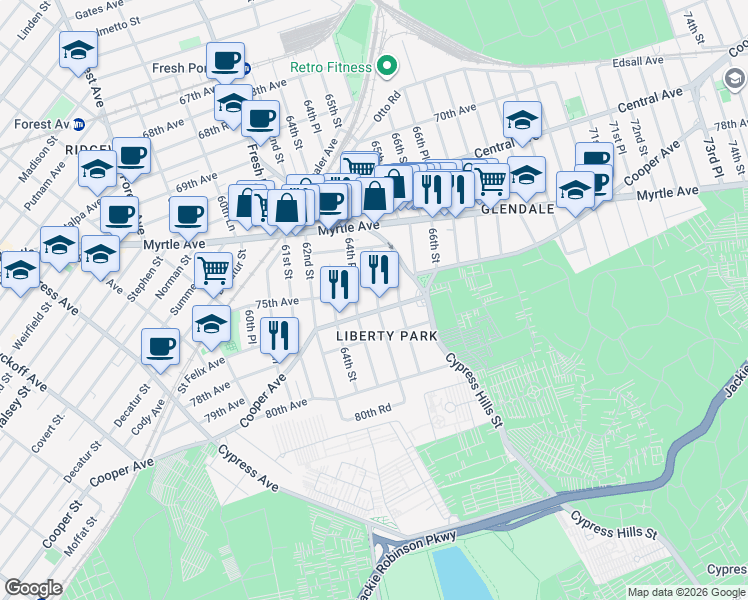 map of restaurants, bars, coffee shops, grocery stores, and more near in Queens