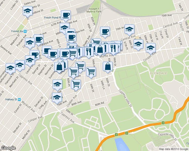 map of restaurants, bars, coffee shops, grocery stores, and more near 64-16 Cooper Avenue in Queens