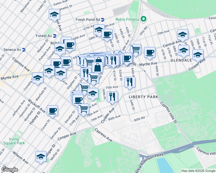 map of restaurants, bars, coffee shops, grocery stores, and more near in Queens