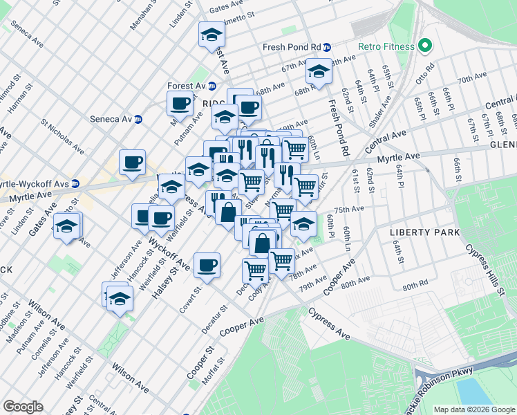 map of restaurants, bars, coffee shops, grocery stores, and more near 17-33 Norman Street in Queens