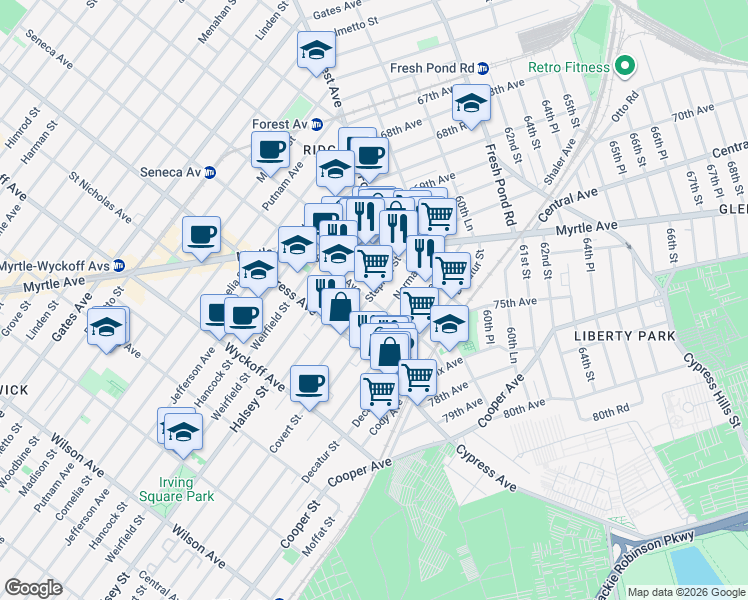 map of restaurants, bars, coffee shops, grocery stores, and more near 17-33 Norman Street in Queens