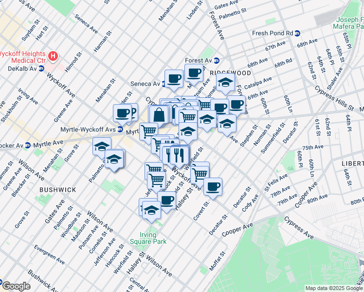 map of restaurants, bars, coffee shops, grocery stores, and more near 16-25 Hancock Street in Queens