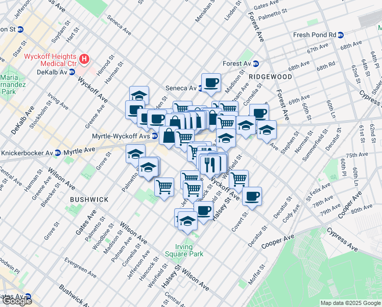 map of restaurants, bars, coffee shops, grocery stores, and more near in Queens