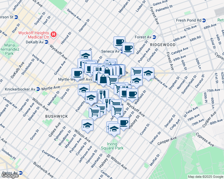 map of restaurants, bars, coffee shops, grocery stores, and more near in Queens